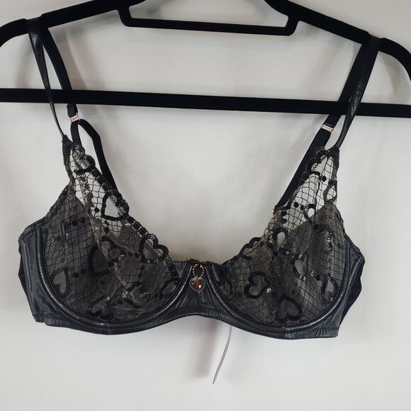 Savage X Fenty Black Glossy Flossy Quarter Cup Bra Embroidered Tulle 38C - Picture 1 of 13
